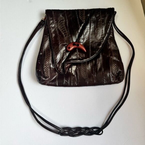 Vintage 80s Eel Skin Leather Snake Print Suede Shoulder Bag Brown Tote Button - Picture 6 of 16